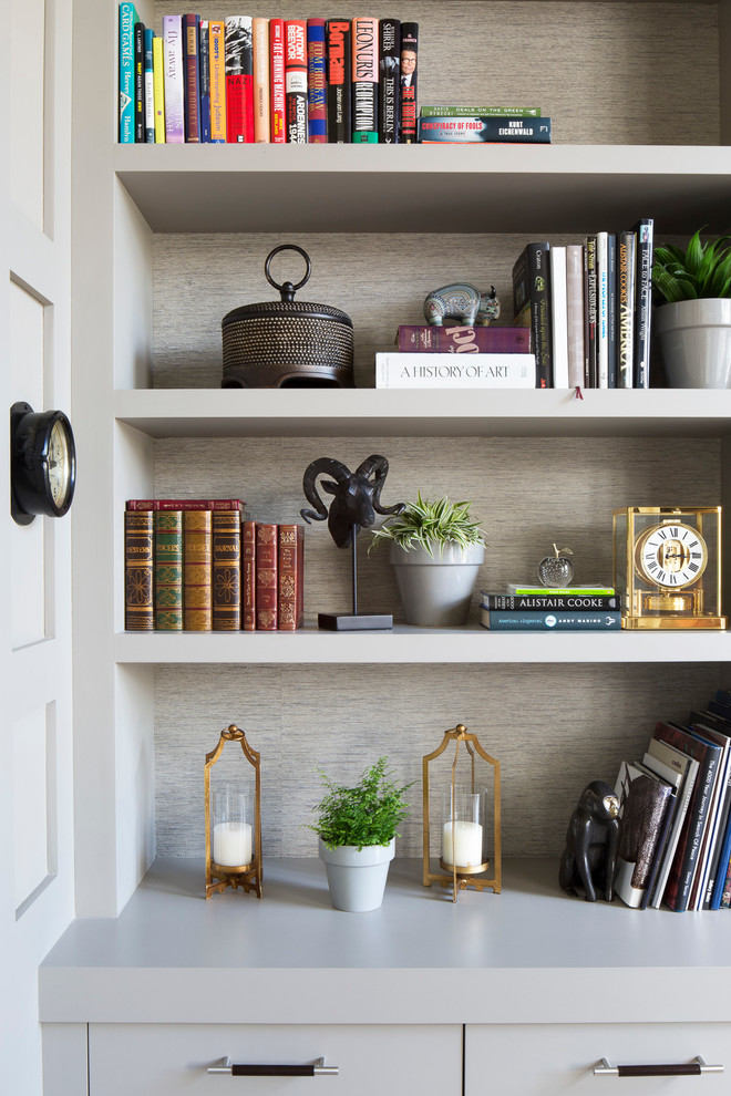 Example of a large transitional freestanding desk light wood floor and beige floor study room design in Miami with gray walls