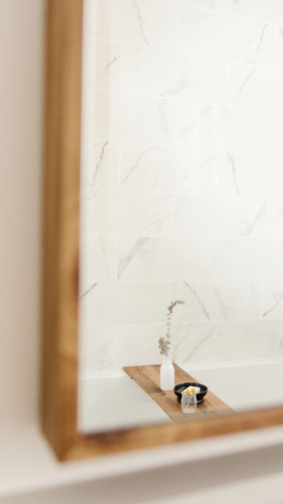Inspiration for a mid-sized transitional white tile and porcelain tile tub/shower combo remodel with white walls