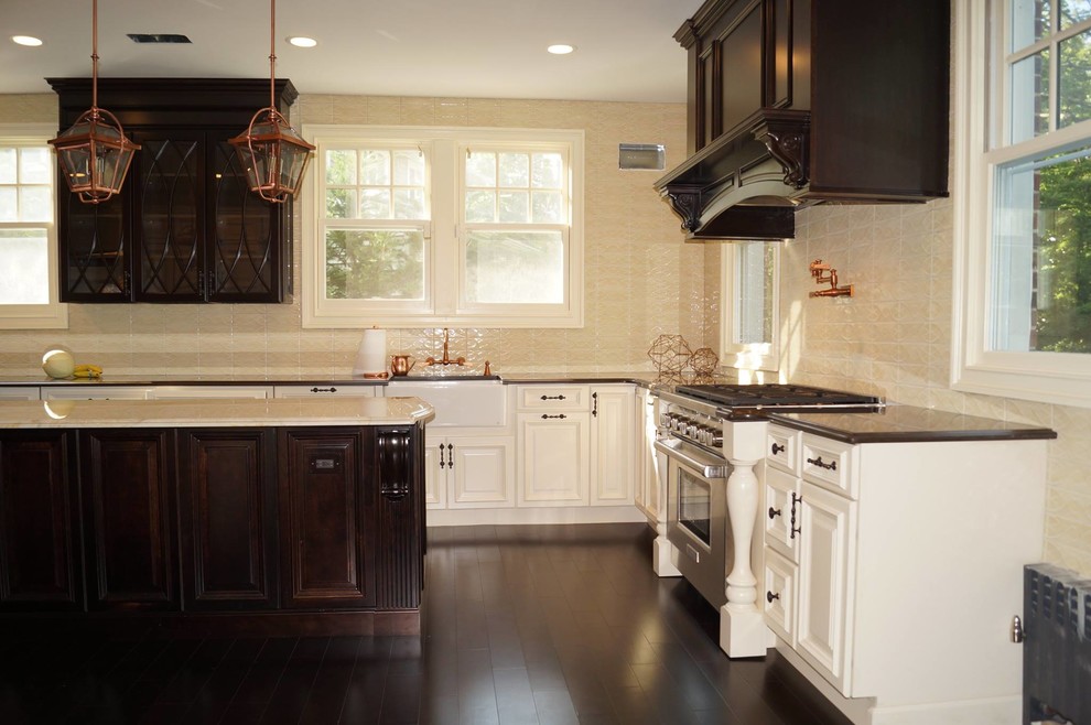 Mid-sized traditional u-shaped eat-in kitchen in New York with open cabinets, brown cabinets and wood benchtops.