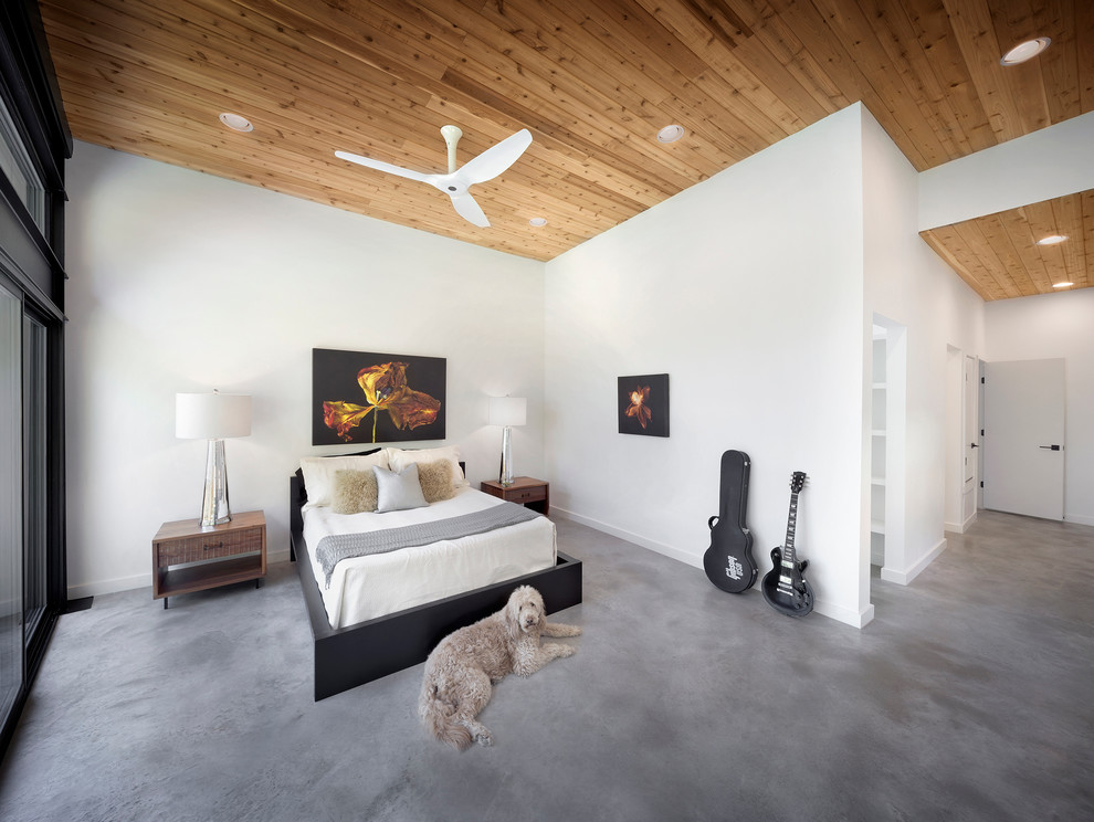 Design ideas for a mid-sized modern master bedroom in Austin with white walls and concrete floors.
