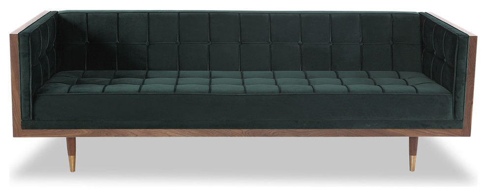 Woodrow Midcentury Modern Box Sofa, Jade Seat, Walnut Base