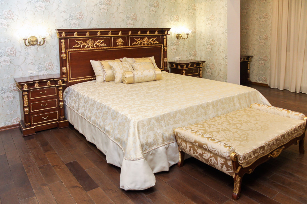 Large classic master bedroom in Moscow with beige walls, dark hardwood flooring, brown floors and a drop ceiling.