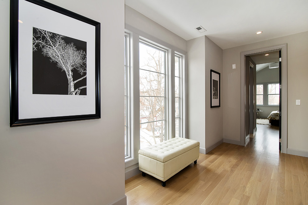 Photo of a mid-sized contemporary hallway in Chicago with grey walls and light hardwood floors.