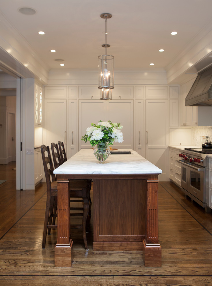 Black Walnut Kitchen Island With White Marble Countertops White Marble Countertops