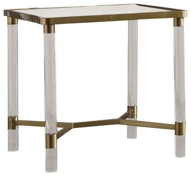 Rectangular Glass and Metal End Table with Acrylic Legs, Gold and Clear