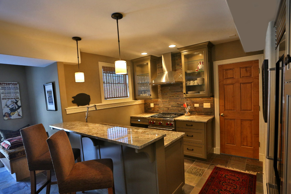 Example of a small transitional walk-out slate floor basement design in Chicago with beige walls and no fireplace