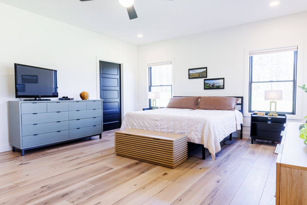 Ejemplo de dormitorio principal y abovedado escandinavo de tamaño medio con paredes blancas, suelo vinílico y suelo beige