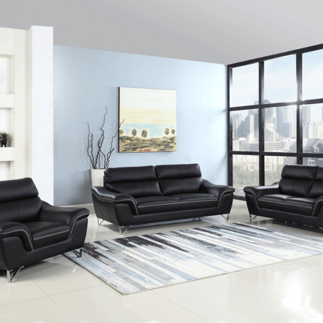 108" Charming Black Leather Sofa Set Contemporary Living Room Furniture Sets by HomeRoots
