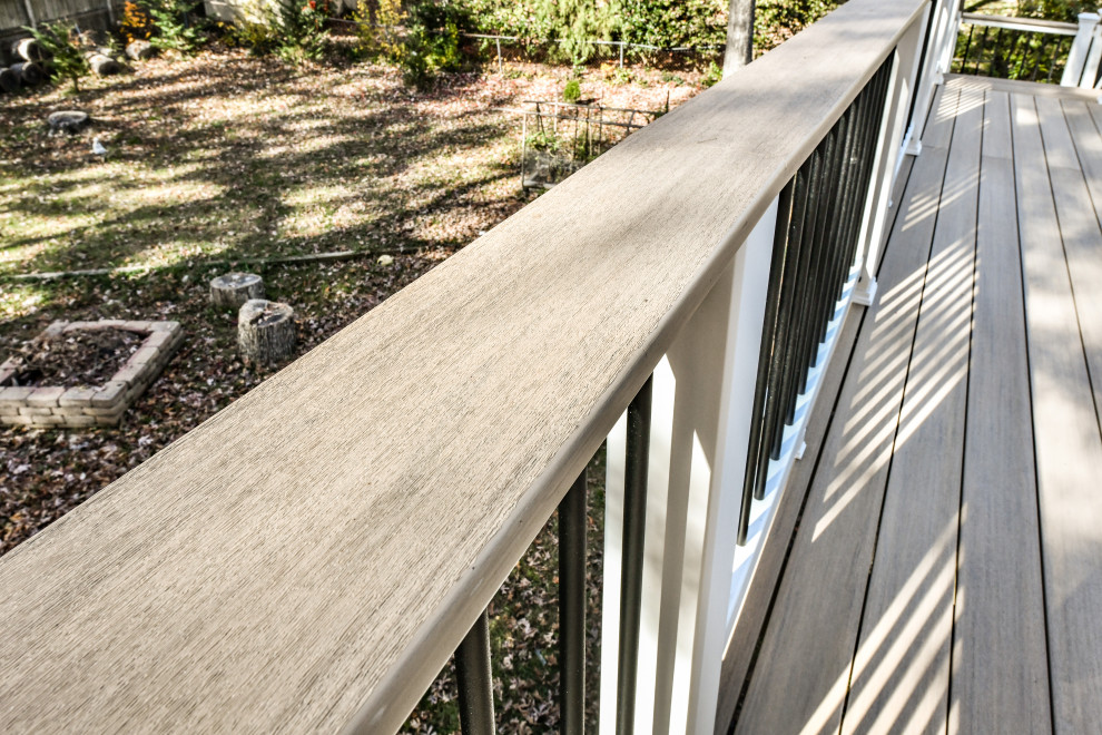 Deck - large modern backyard second story mixed material railing deck idea in DC Metro with a fire pit
