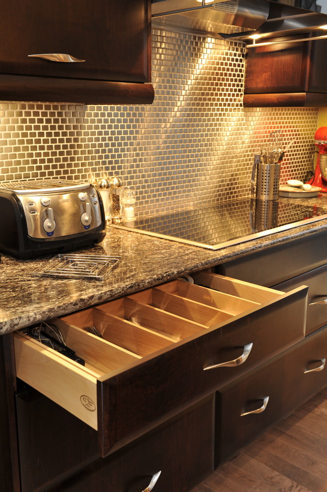 Kitchen - transitional dark wood floor kitchen idea in Toronto with a double-bowl sink, flat-panel cabinets, dark wood cabinets, granite countertops, mirror backsplash, stainless steel appliances and an island