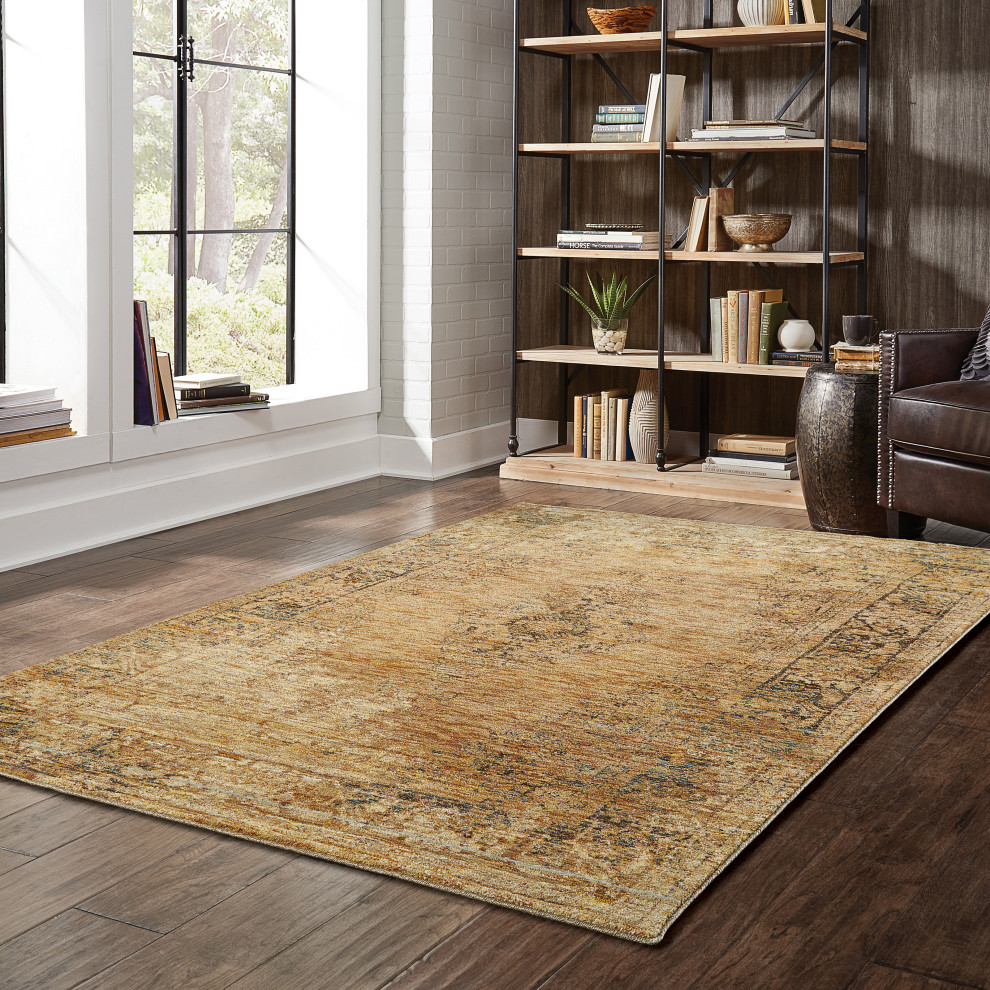 Adeline Antiqued Traditional Gold and Brown Area Rug, 6'7"x9'6"