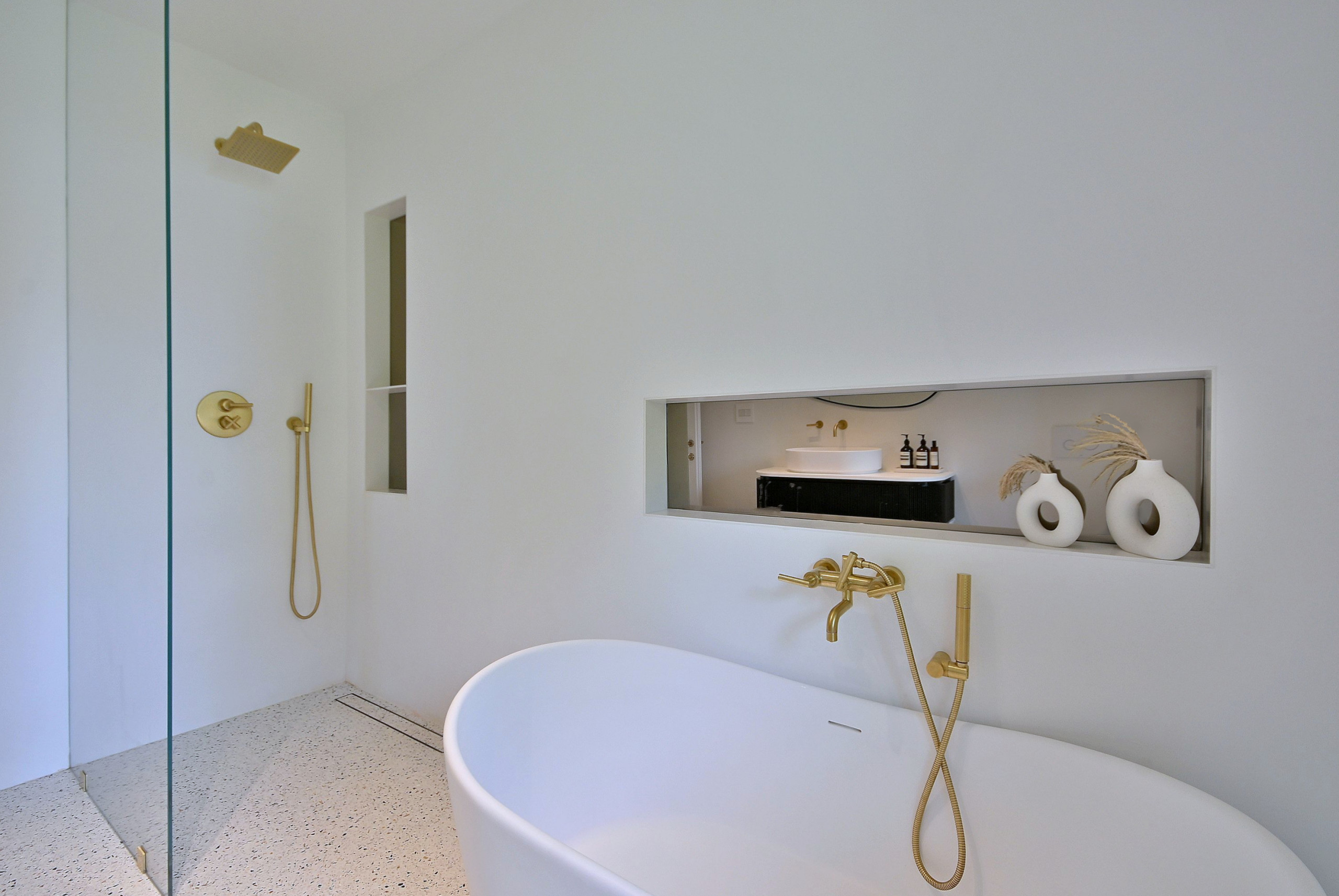 Mid-Century Modern Bathroom with Freestanding Tub