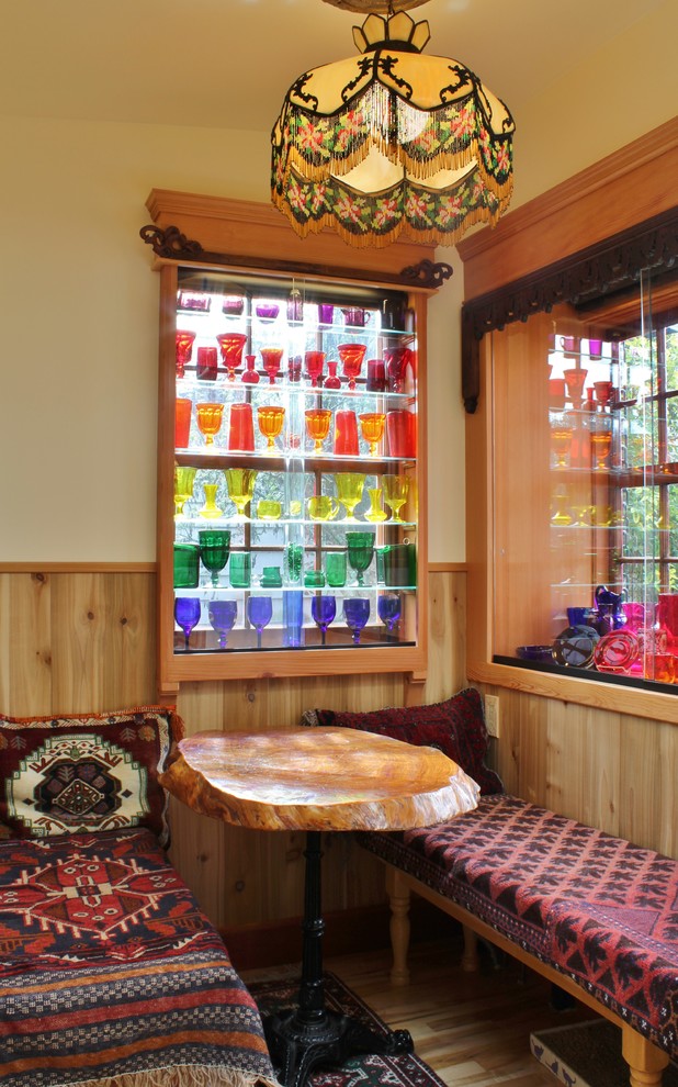 Dining room - eclectic medium tone wood floor dining room idea in Seattle with beige walls