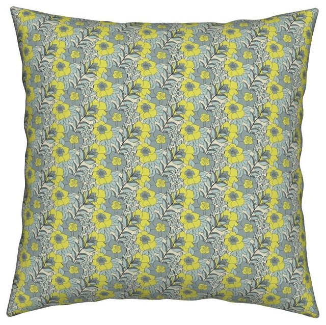 Floral Stripe Lemon Yellow Gray Grey Floral Throw Pillow
