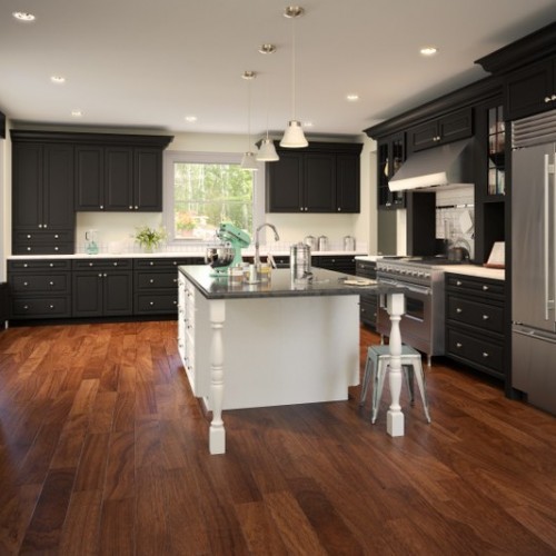 Mid-sized traditional l-shaped kitchen in Other with black cabinets, with island, shaker cabinets, white splashback, white appliances and dark hardwood floors.