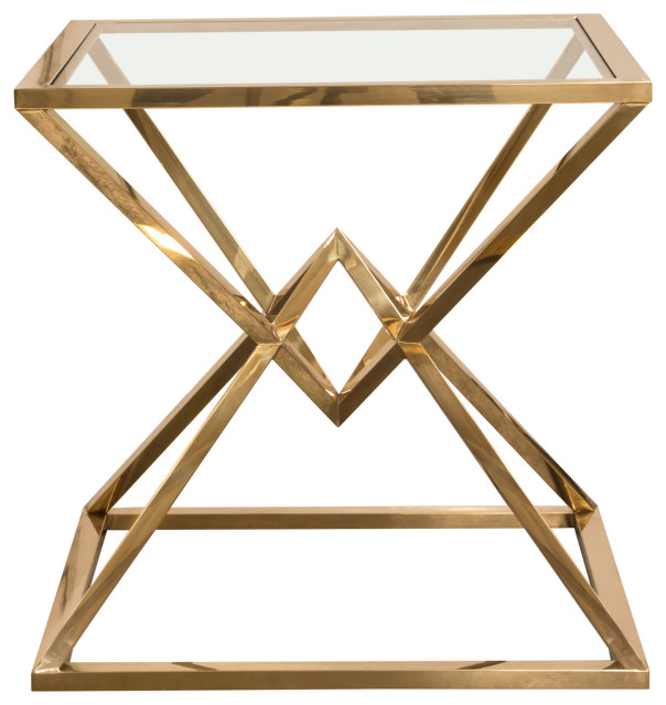 Square End Table With Polished Gold Finish Base & Clear, Tempered Glass