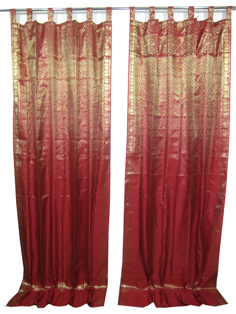 2 India Sari Curtains Dark Red Brocade Silk Saree Drapes Window ...