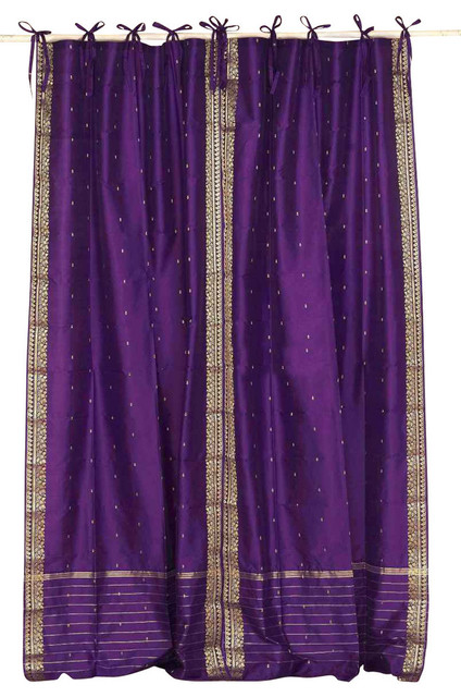 Lined-Purple  Tie Top  Sheer Sari Curtain / Drape / Panel   - 43W x 63L - Pair