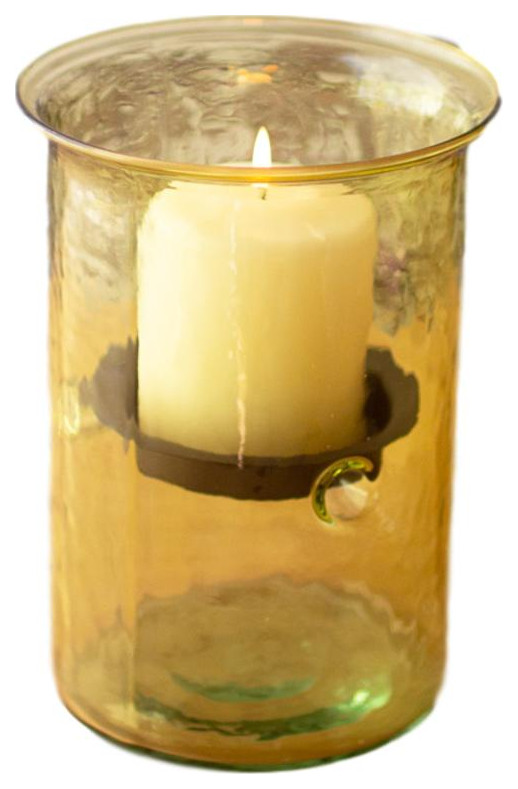 Lemon Yellow Glass Hurricane Rustic Votive Candle Holder Ripple Display