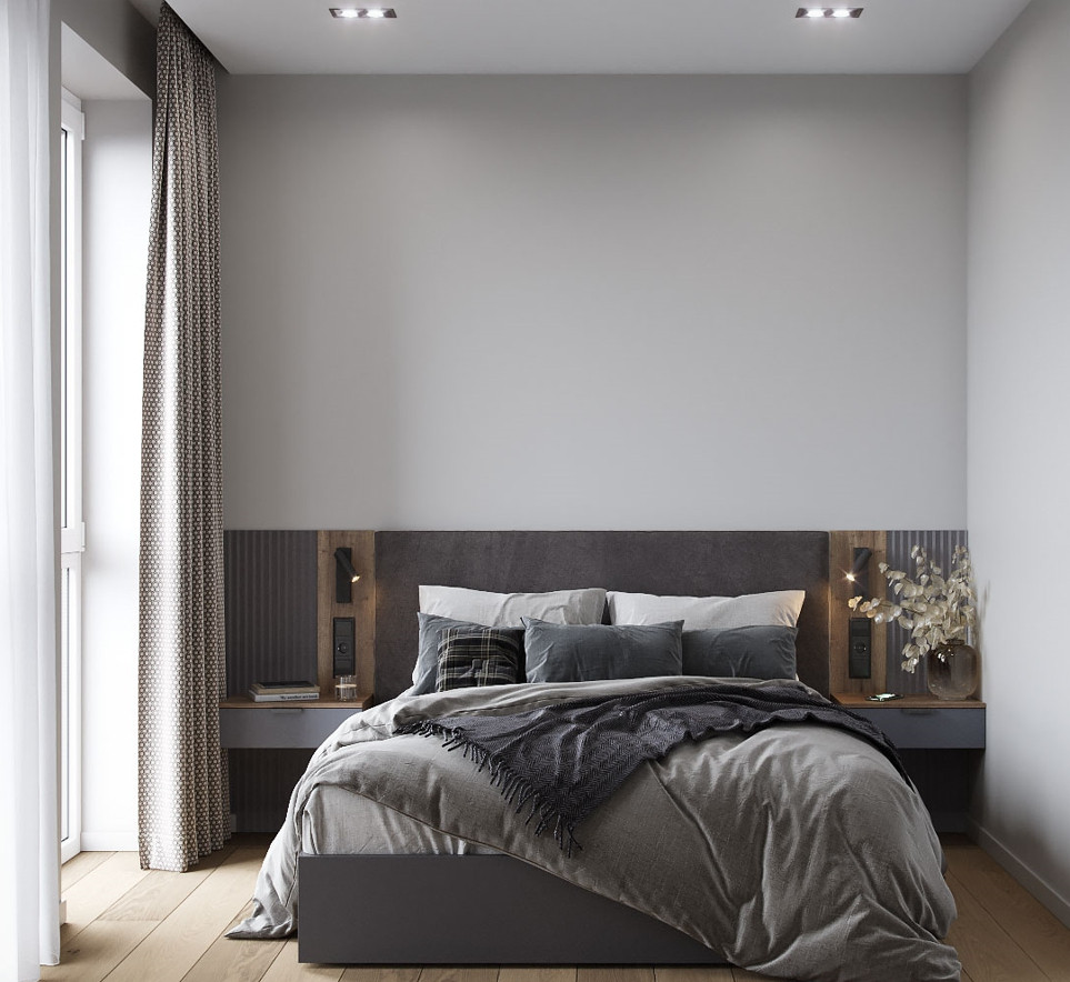 Источник вдохновения для домашнего уюта: хозяйская, серо-белая спальня среднего размера в современном стиле с серыми стенами и паркетным полом среднего тона
