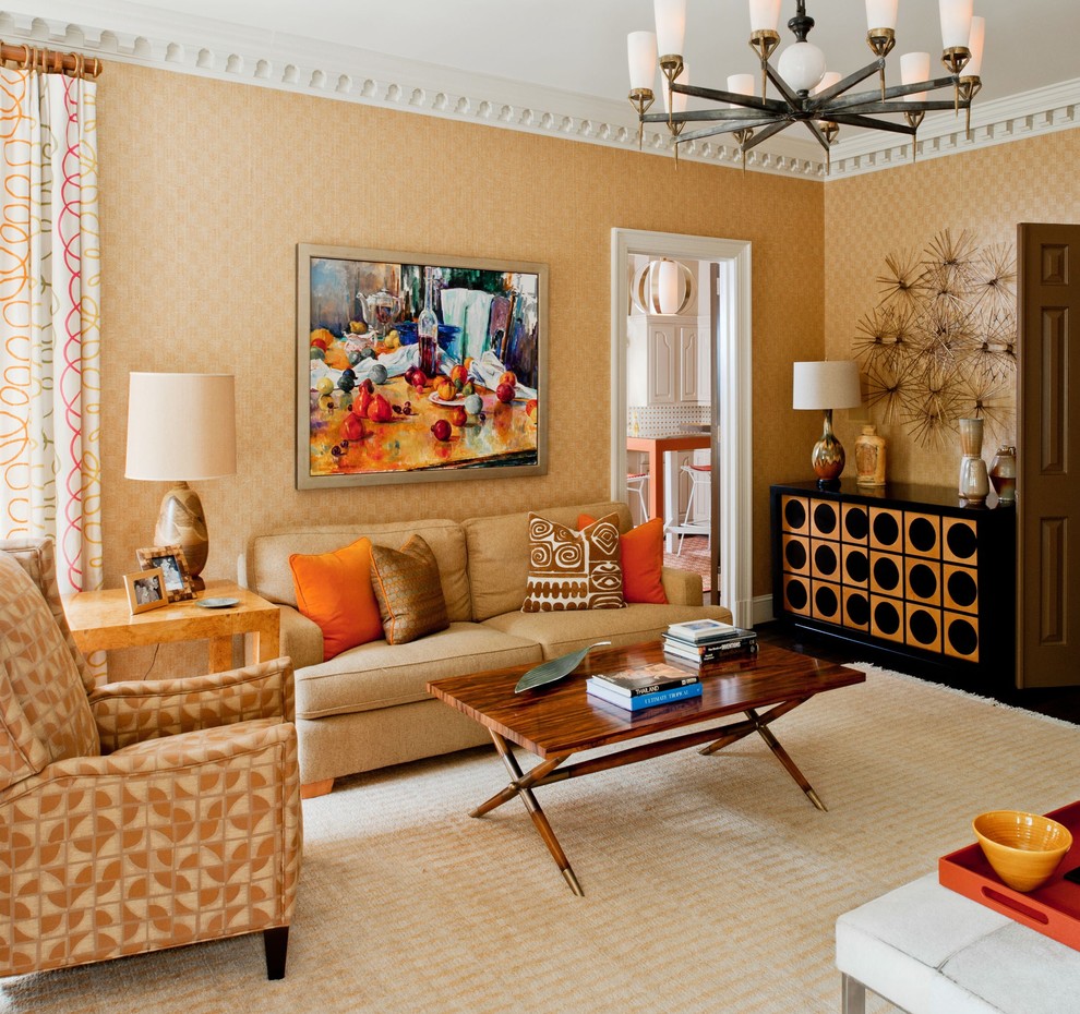 Photo of a transitional family room in Charlotte with beige walls.