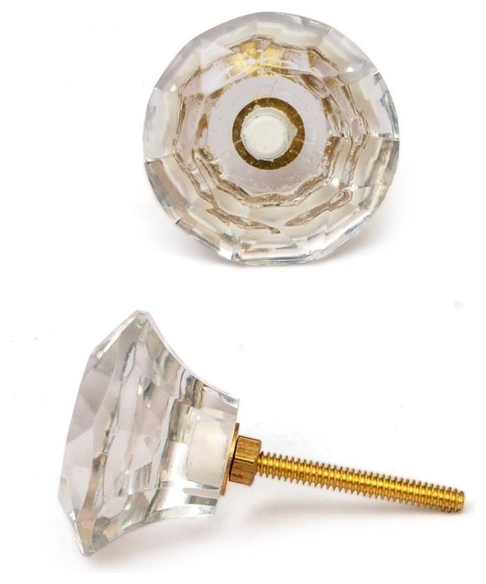 Glass Knobs, Clear Glass Diamond-Cut, Set of 4