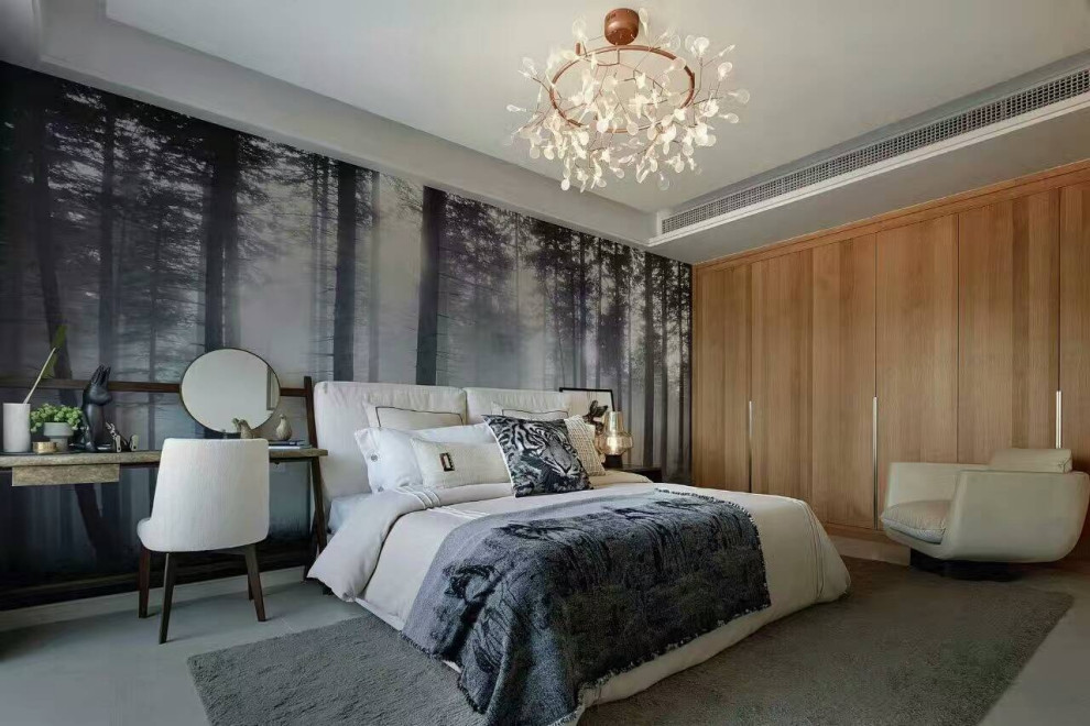 Modelo de dormitorio principal minimalista grande con suelo de cemento, suelo gris, bandeja, madera y paredes grises