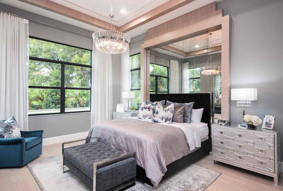 Photo of a contemporary bedroom in Miami with grey walls, porcelain flooring, beige floors, a drop ceiling, wallpapered walls and a feature wall.