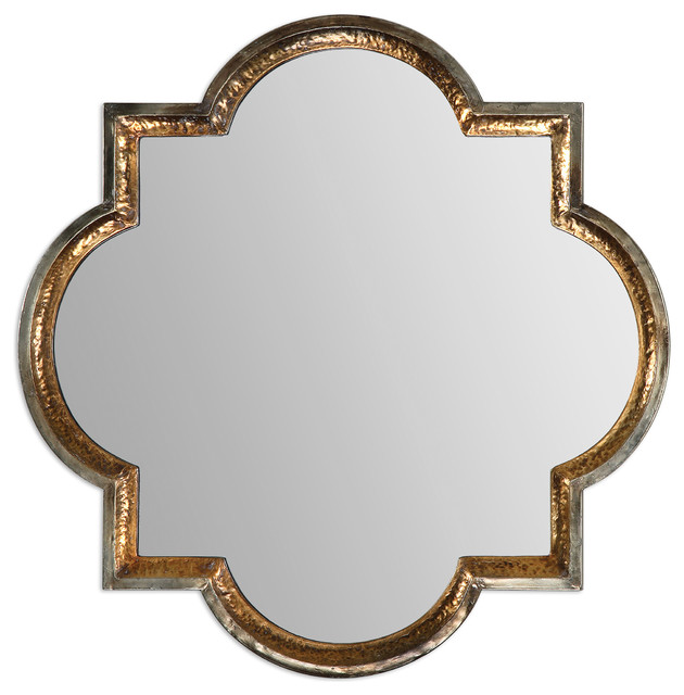 Designer 40" Hammered Gold Quatrefoil Wall Mirror, Square Vanity