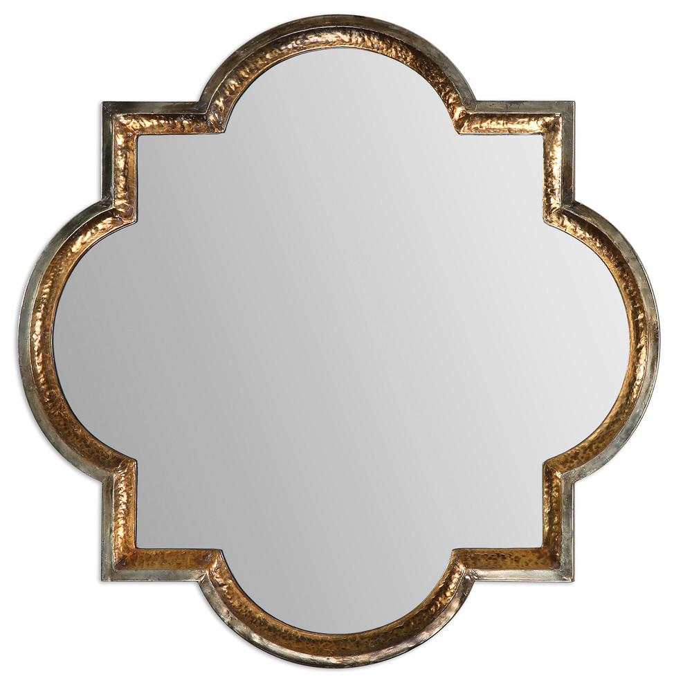 Designer 40" Hammered Gold Quatrefoil Wall Mirror, Square Vanity Vintage Style Mediterranean