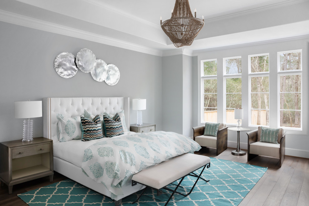 Design ideas for a transitional master bedroom in Houston with grey walls, dark hardwood floors and no fireplace.