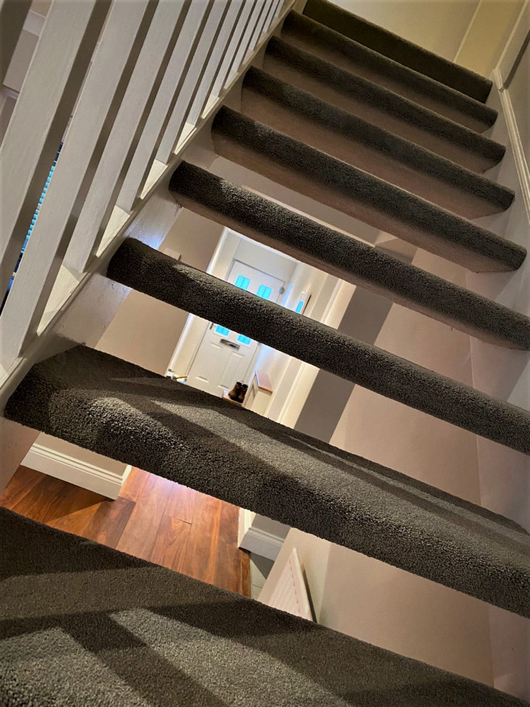 This is an example of a mid-sized modern carpeted straight staircase in Hertfordshire with carpet risers.