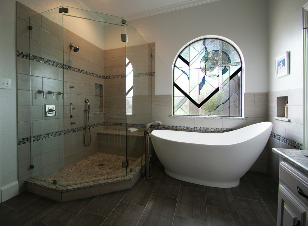 Mid-sized transitional master porcelain tile porcelain tile freestanding bathtub photo in Dallas
