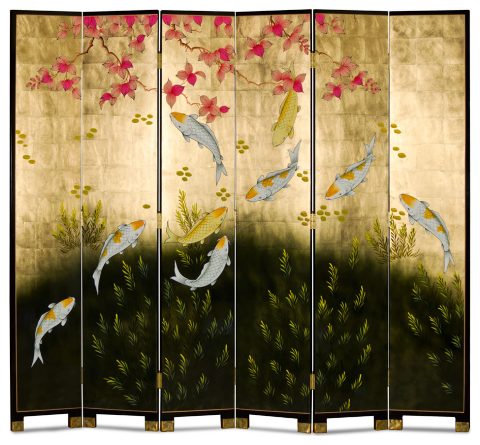 84 Inch Tall Gold Leaf Koi Fish Asian Floor Screen