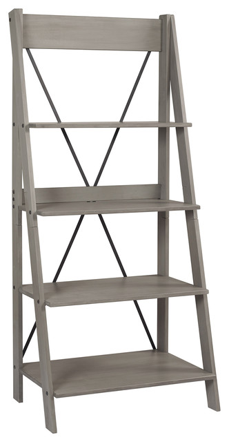 68 Solid Wood Ladder Bookshelf Gray, Metal Ladder Bookcase With Drawer