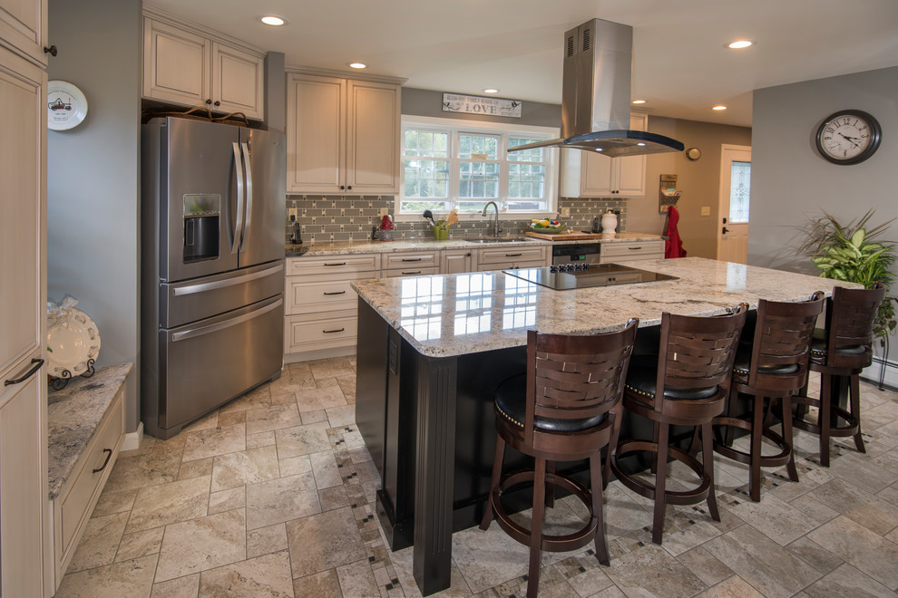 This is an example of a small traditional single-wall separate kitchen in Boston with a drop-in sink, raised-panel cabinets, white cabinets, granite benchtops, green splashback, subway tile splashback, stainless steel appliances, marble floors, with island, beige floor and grey benchtop.