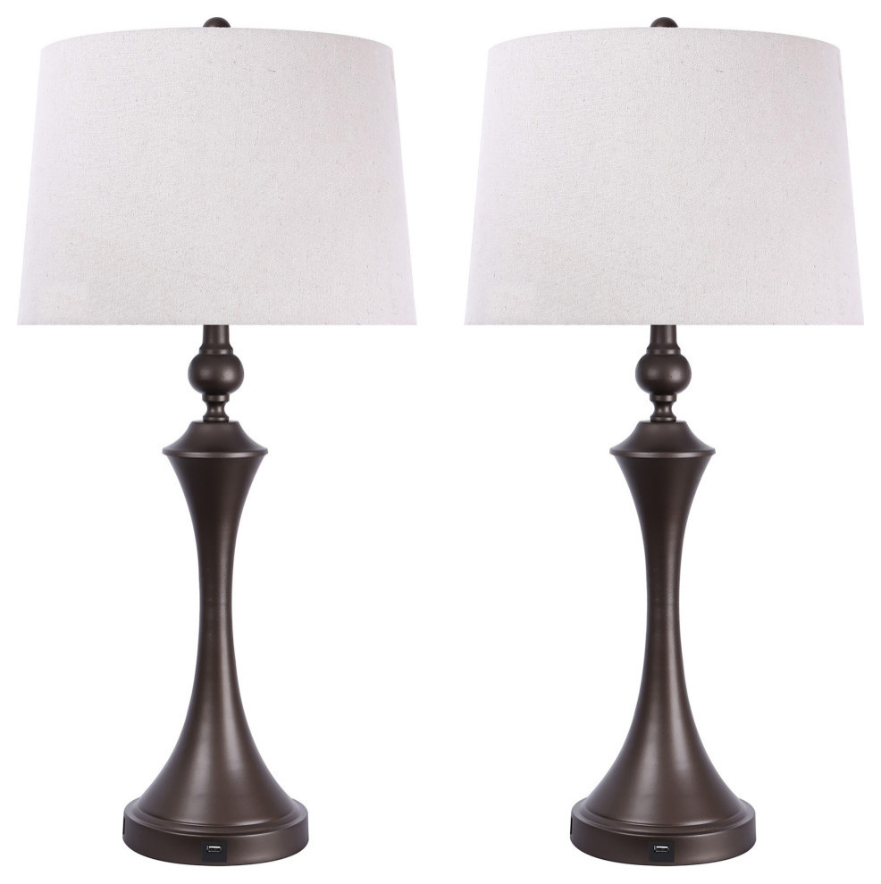31" Slate Gray Table Lamps With USB Port & Natural Linen Shades, Set of