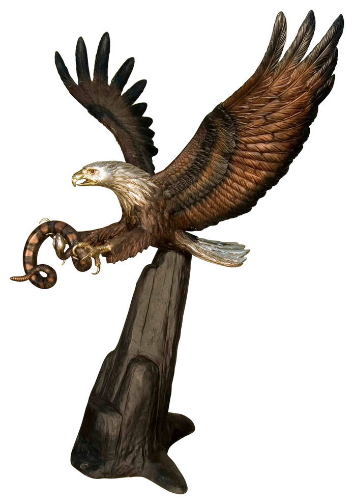 Swooping Eagle Catching a Snake With Rock Formation Base Bronze Sculpture