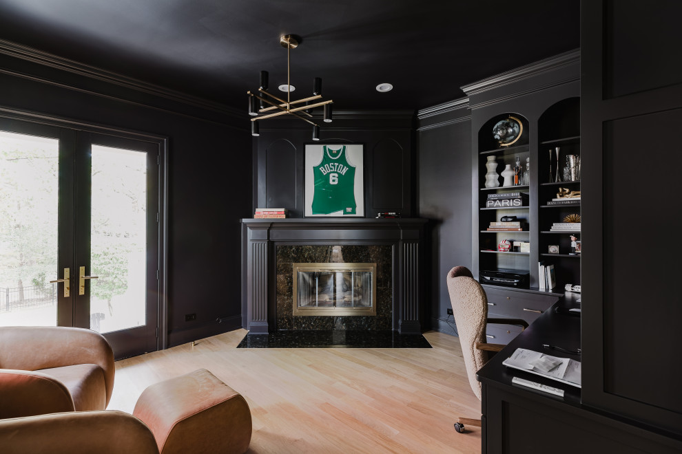 Stylish Home Office With Modern Furniture and Built-In Shelving