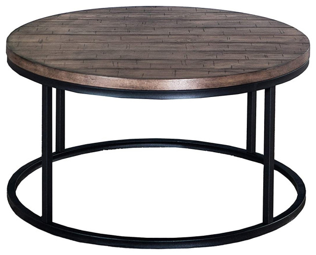 Transitional Coffee Table, Metal Frame With Round Plank Top, Two Tone  Finish - Contemporary - Coffee Tables - by Declusia | Houzz
