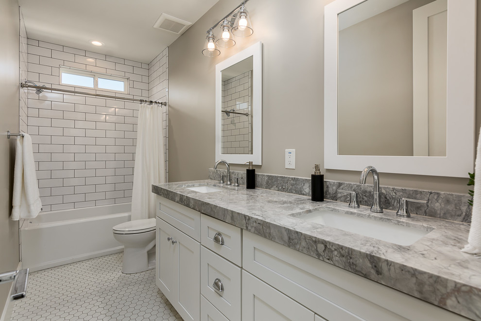 Alcove bathtub - transitional master white floor alcove bathtub idea in Phoenix with shaker cabinets, white cabinets, an undermount sink and gray countertops