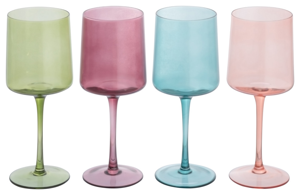 Hand Blown Stemmed Wine Glasses, 14 Ounces, 4 Assorted Colors Contemporary Wine Glasses by