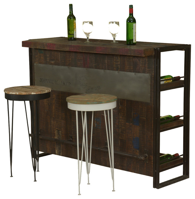 Modern Industrial Mango Wood & Iron Wine Bar w 2 Stools Industrial Wine And Bar