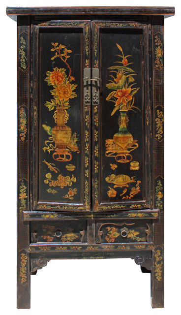 Consigned Chinese Vintage Golden Color Floral Graphic Dresser