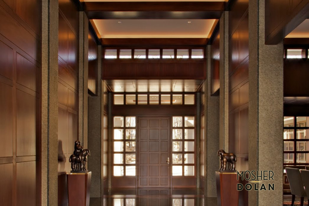 Front door - large transitional slate floor front door idea in Detroit with brown walls and a brown front door