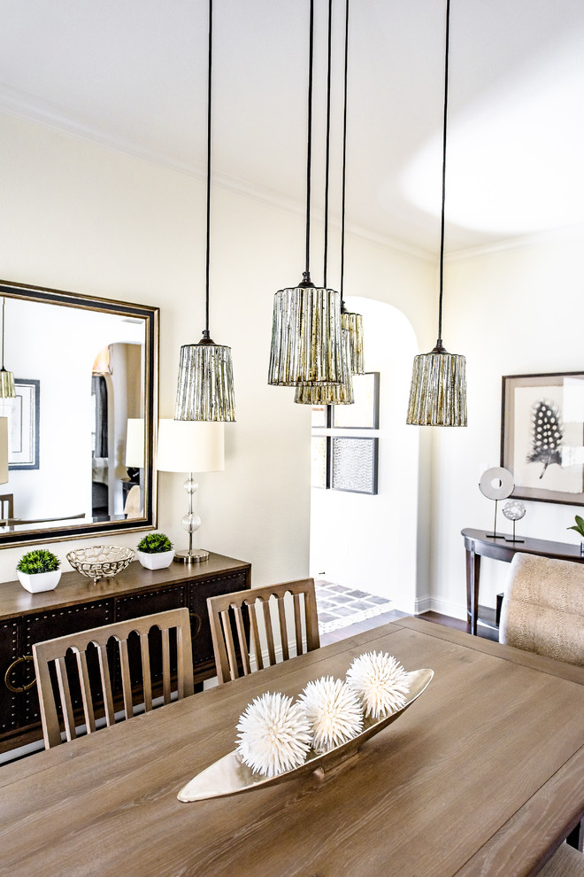 Inspiration for a mid-sized transitional dark wood floor kitchen/dining room combo remodel in Austin with white walls