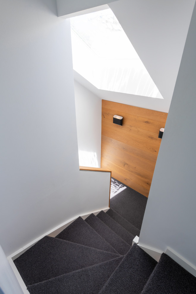 メルボルンにある中くらいなコンテンポラリースタイルのおしゃれな折り返し階段 (木の蹴込み板、木材の手すり、板張り壁) の写真