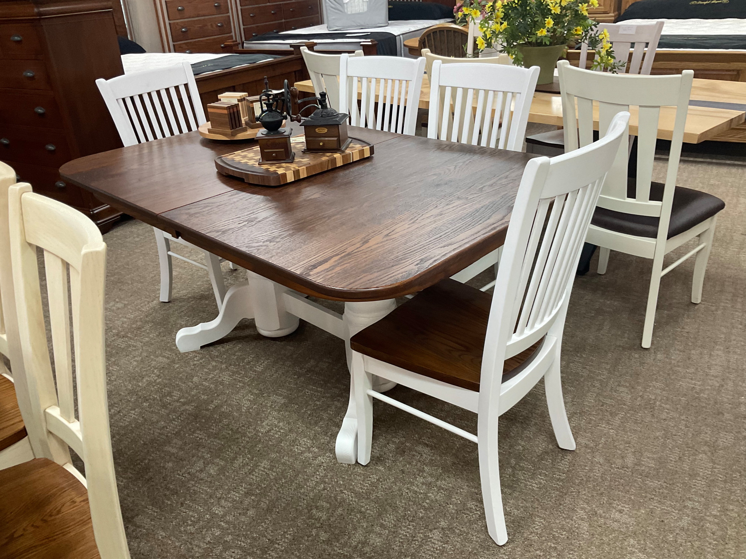 Hand planed oak 42 x66 4-leaf heritage table with 2-tone Carlisle chairs