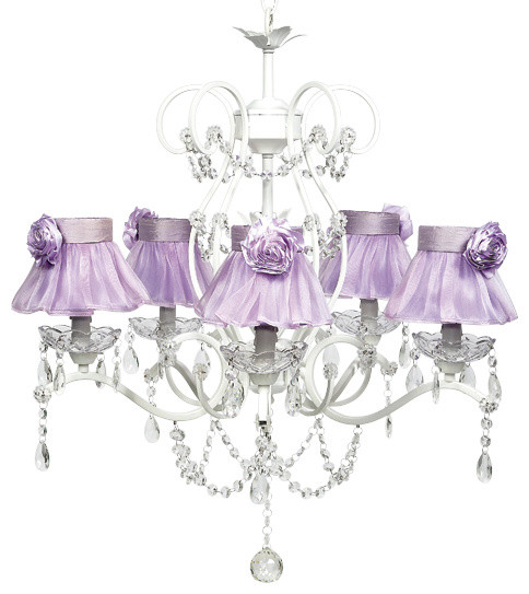 5 Light White Grace Chandelier With Purple Skirt Shades Chandelier With Purple Skirt Shades