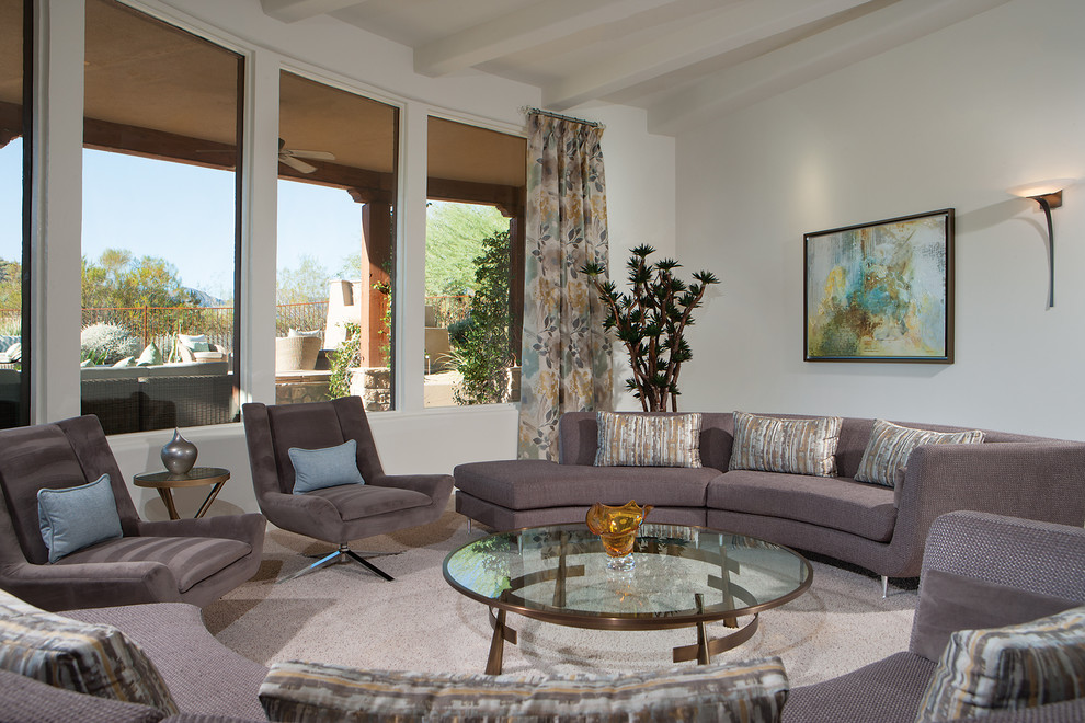 Photo of a large modern formal open concept living room in Phoenix with white walls, carpet, no fireplace, no tv and grey floor.